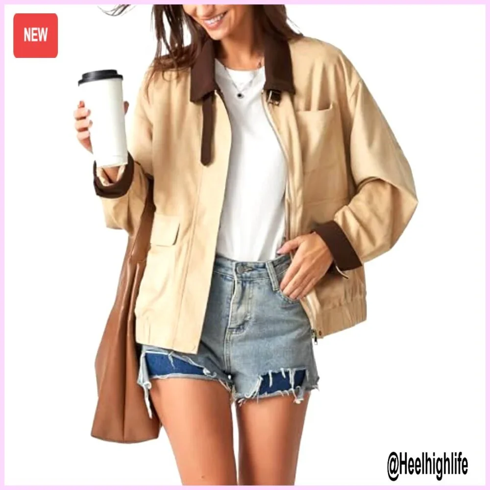 Oversized Faux Suede Bomber Jacket with Corduroy Collar, Utility Pockets - Picture 2 of 7